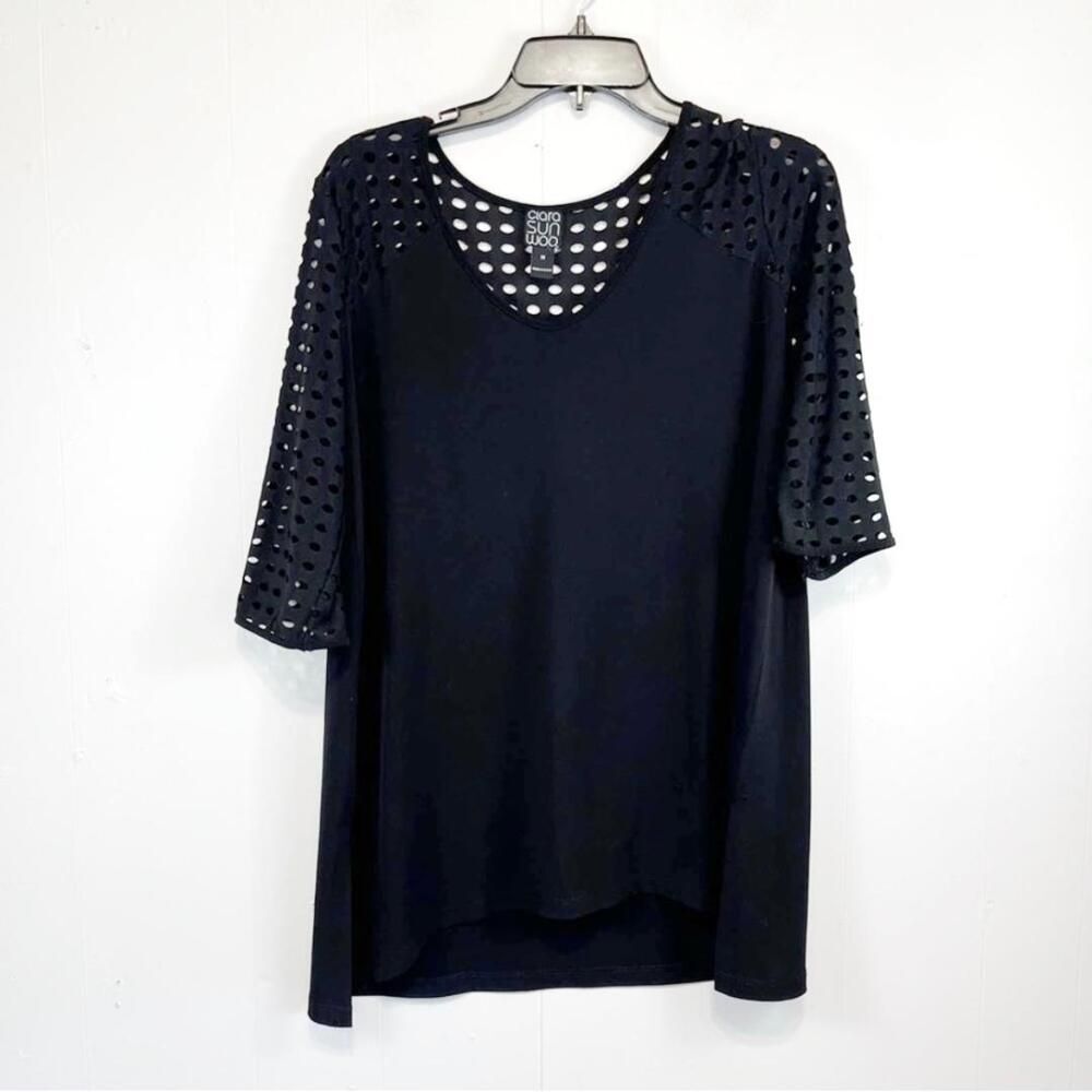 Clara Sun Woo Black Perforated Sleeve Blouse Size Woman's Medium
